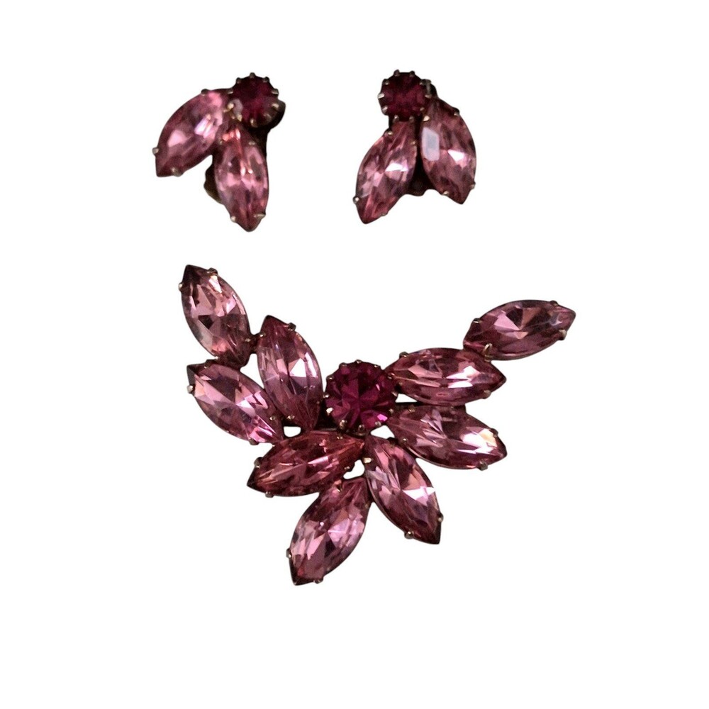 Stunning 1960 Vintage Demi ParurePink Aurora Borealis Brooch & Clip-on Earrings